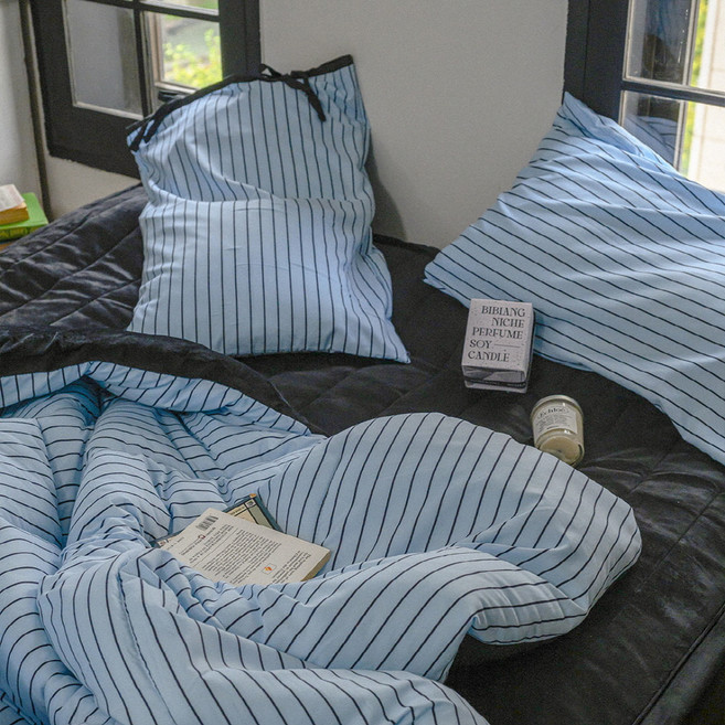 믹스앤매치 에센셜 스트라이프 극세사 차렵이불 + 리본 베개커버 세트