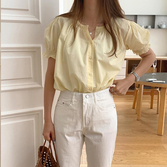 더시럽 여성용 러블리 플리츠 퍼프 반팔 블라우스