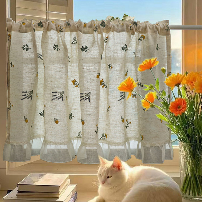 韓國 GNY 素雅花朵刺繡荷葉邊短窗簾, 混合色
