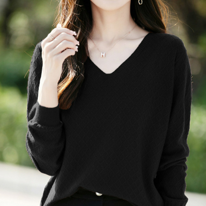 더시럽 여성용 다이아 패턴 브이넥 보온 니트 긴팔 티셔츠