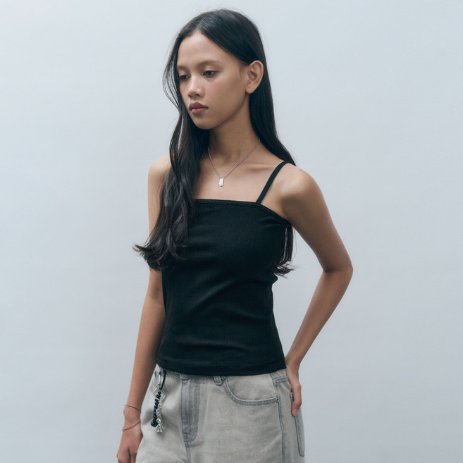 MONGDOL 女款羅紋基本款棉質無袖上衣 MDTS079, 黑色