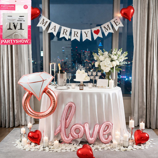 파티쇼 프로포즈 은박풍선 다이아반지 미니하트 세트, 핑크(LOVE풍선), 1세트