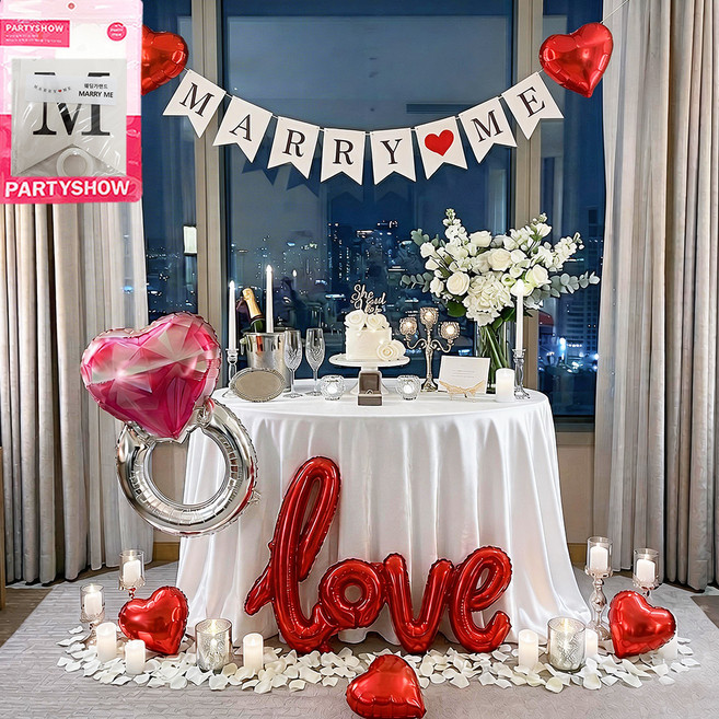 파티쇼 프로포즈 은박풍선 다이아반지 미니하트 세트, 레드(LOVE풍선), 1세트