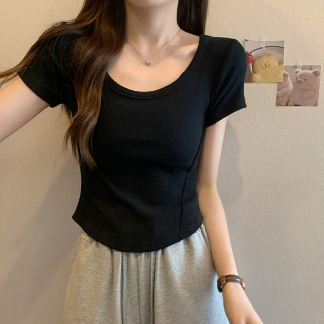 선빛 여성용 로웰 골지 U넥 반팔 무지 티셔츠