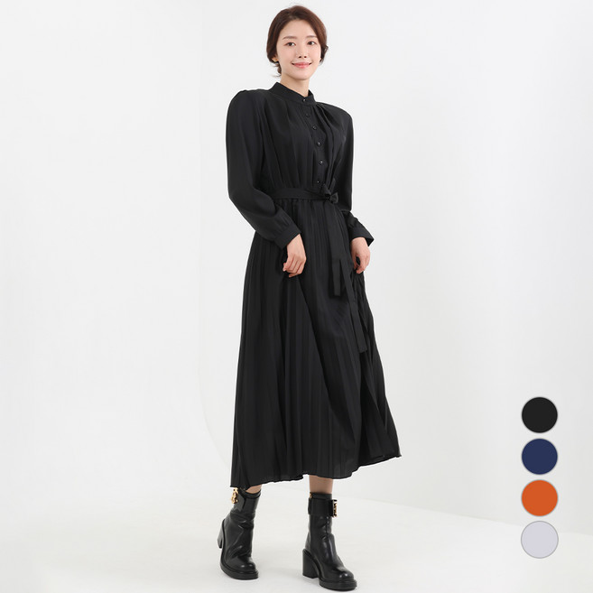 Elsso 中山領柔美百褶連身裙 含大尺碼, 黑色