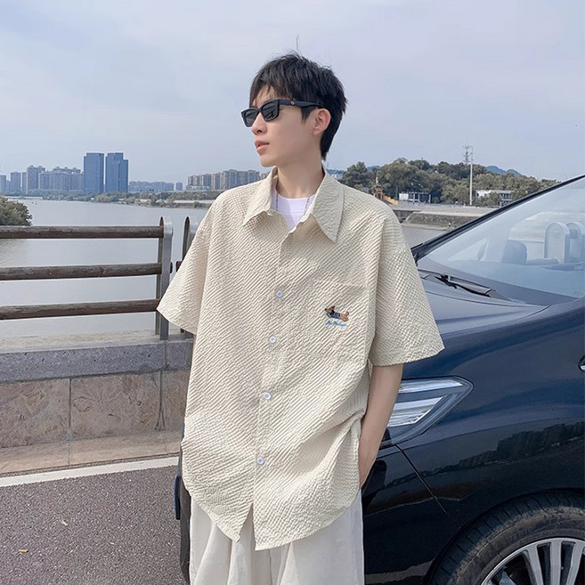 JTL 男款小狗標誌刺繡簡約泡泡紗襯衫