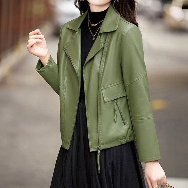퀸이즈 여성용 투포켓 지퍼 디테일 레더 자켓