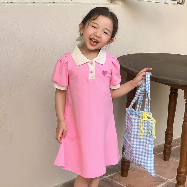 스타빈 여아용 하트자수 반팔 카라 원피스