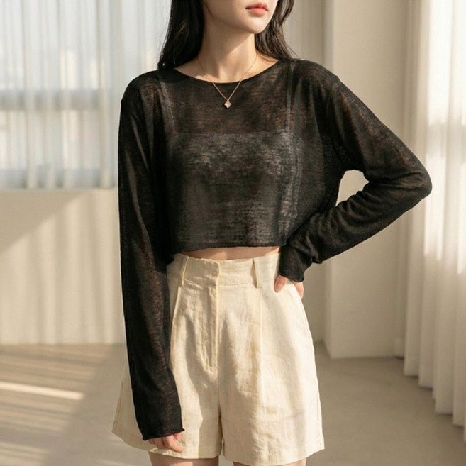 알로데 여성용 시스루 크롭 긴팔 티셔츠