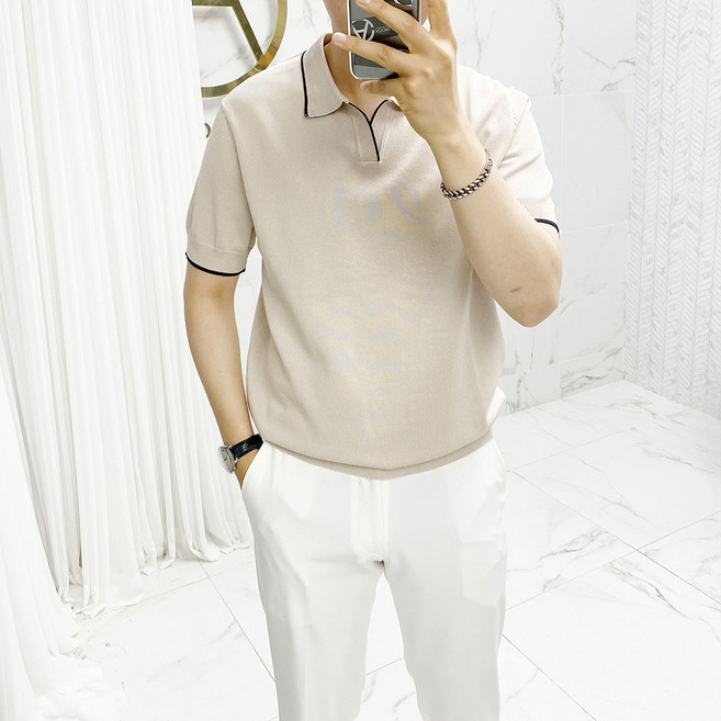 아도르클래식 남성용 배색 포인트 카라 5컬러 니트 반팔티