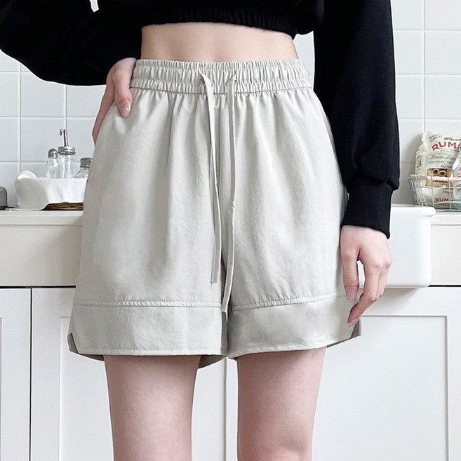 잘빠진 여성용 에어터치 바스락 A라인 3부 밑단트임 밴딩 팬츠