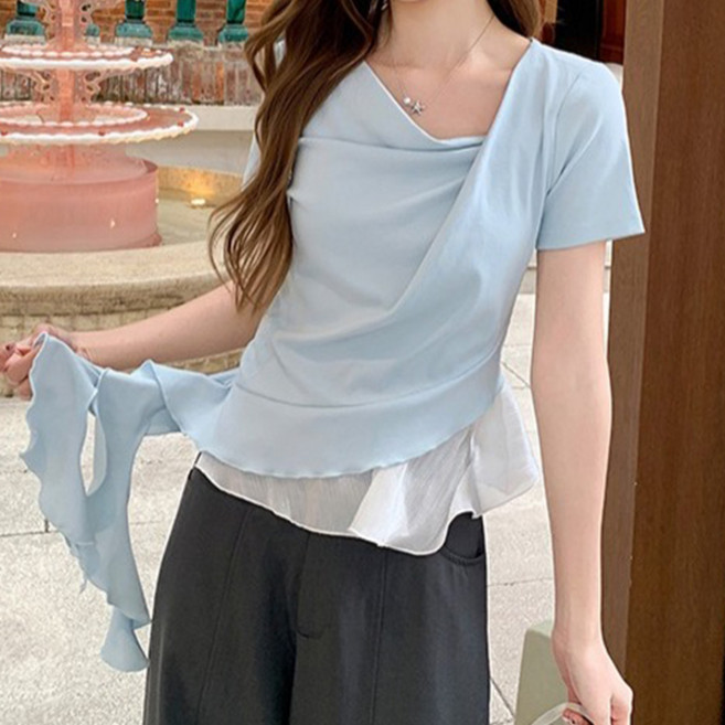 어썸풀 여성용 테니이리 언밸런스 셔링 프릴 티셔츠 A26SMT031043