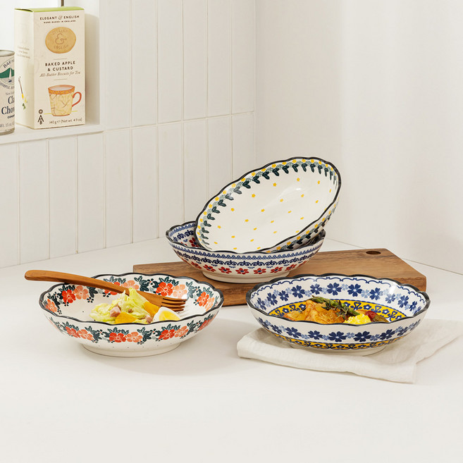 프라카 도자기 다용도볼 4종 세트, 로즈가든 + 옐로우로즈 + 피오니아 + 블루레아, 1세트