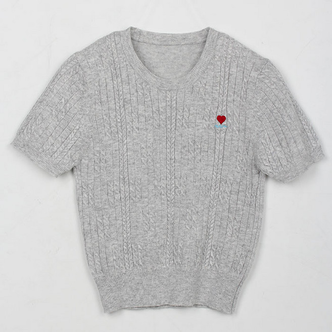 빼빼 여성용 라운드넥 케이블 하트자수 반팔 니트