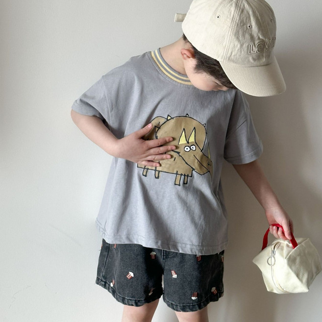 하라로이 남아용 그림그리기 트리케라톱스 반팔 티셔츠