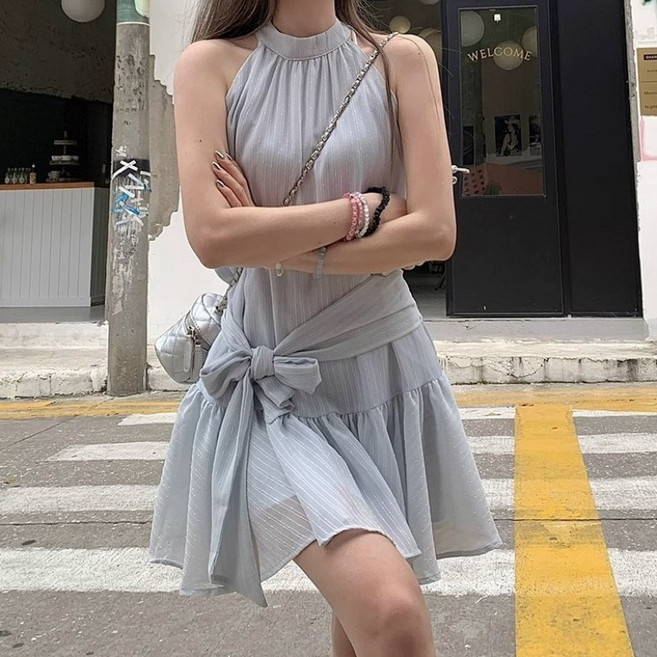 I'M MONG 女款基本版型繞頸腰部綁帶迷你連身裙 R6H163