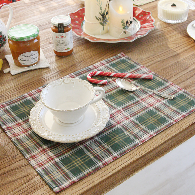 앤코튼 크리스마스 미니 식탁 테이블 매트, 레트로체크 그린, 30 x 40 cm, 4개