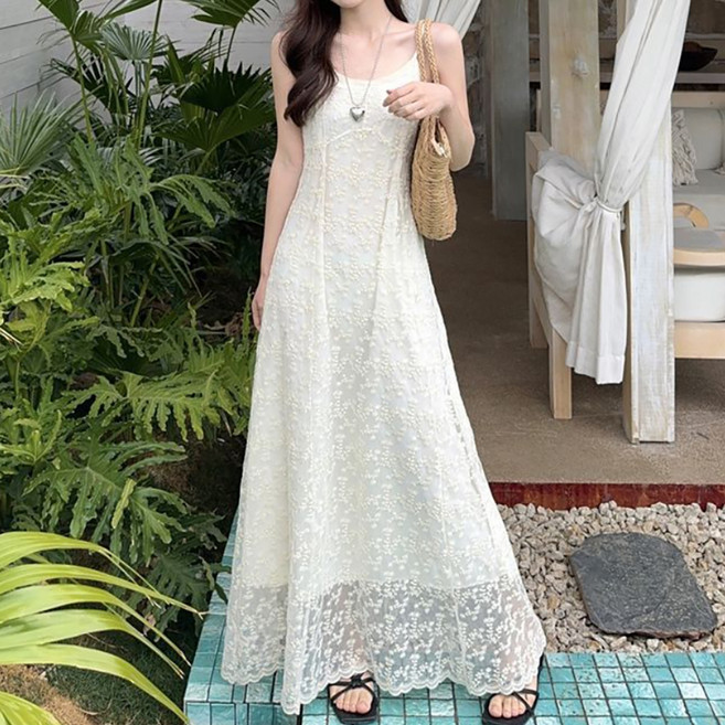 MarketA 女款法式刺繡蕾絲長版連身裙 M263-0068CW, 奶油白