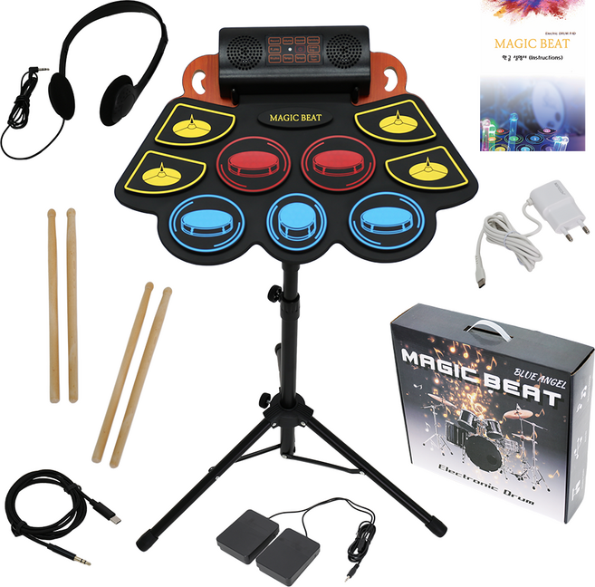 블루엔젤 매직비트 전자드럼 연습용 패드 스탠드 전용 페달 헤드셋 스틱 2조 어댑터 C타입케이블 한글설명서, 1개, MAGIC BEAT