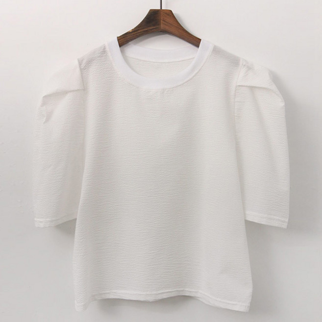 티탁 여성용 통기성 빅사이즈 데일리 배색 라운드넥 반팔 소녀팝 볼륨 블라우스