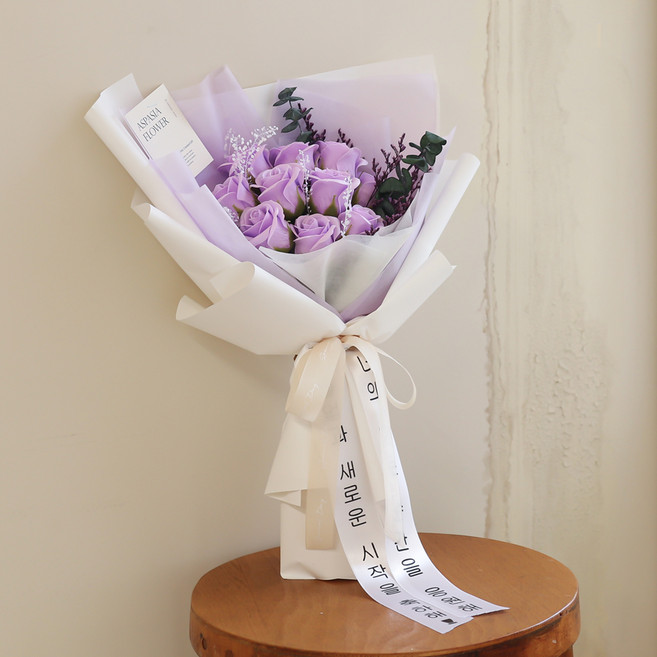 아스파시아 로즈 모먼트 프리저브드 꽃다발 Midi + 전구 + 메세지리본 세트, 퍼플