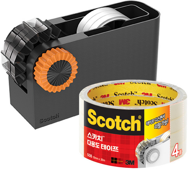쓰리엠 스카치 다용도 테이프 리필 12mm x 20m 508 4p + 디스펜서 세트, 블랙 + 오렌지, 1세트