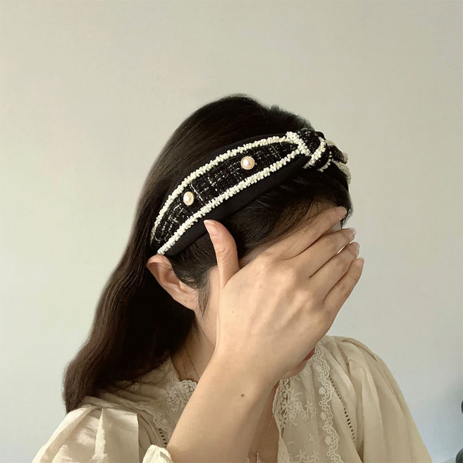 아펙토 트위드 진주 리본 와이드 헤어밴드