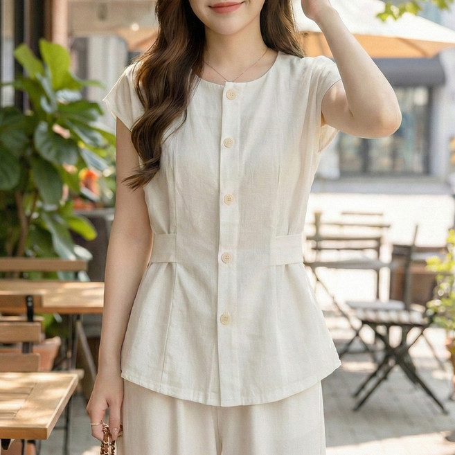 INFIOUS 大尺碼無袖修身鈕扣罩衫 I263-0365