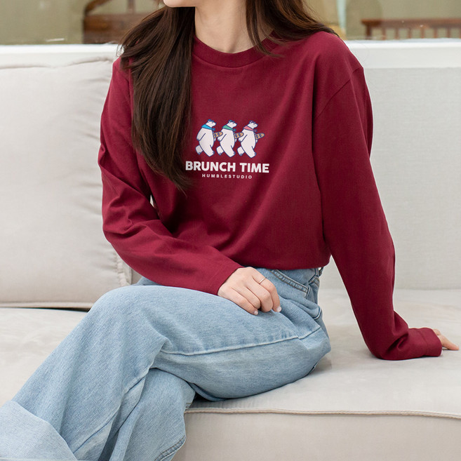 험블스튜디오 여성용 삼곰돌이 프린팅 라운드 기본 긴팔 티셔츠 FF_410