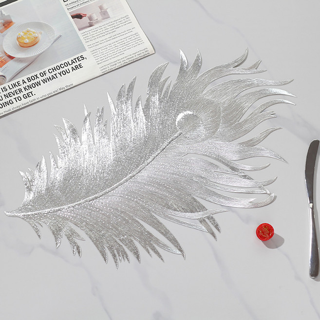 소유공간 방수 깃털 무늬 테이블매트 S261-0265G, 실버, 4개, 30 x 51cm