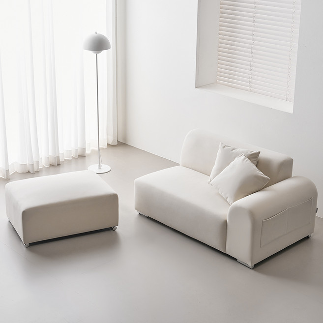 웰퍼니쳐 하린 패브릭 2인용 소파 좌형 + 스툴 + 쿠션2p 세트 방문설치, 아이보리
