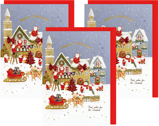 프롬앤투 산타마을 풍경 크리스마스 카드 FS7102-4, 혼합색상, 3개