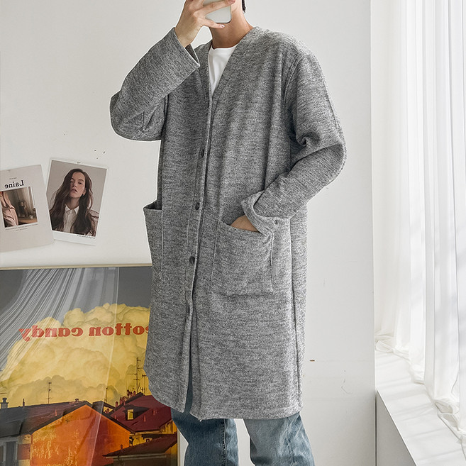 플레이즈 남성용 오픈 포켓 버튼 롱 가디건