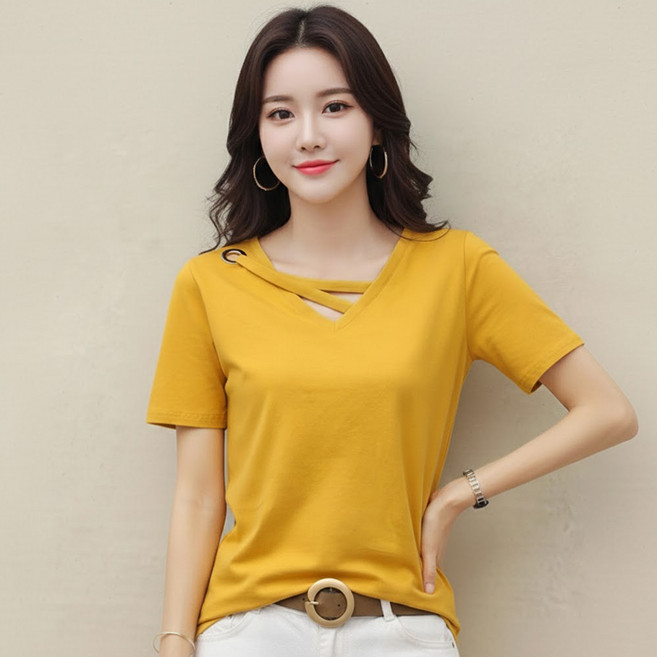 알로데 여성용 넥포인트 크로스 반팔 티셔츠