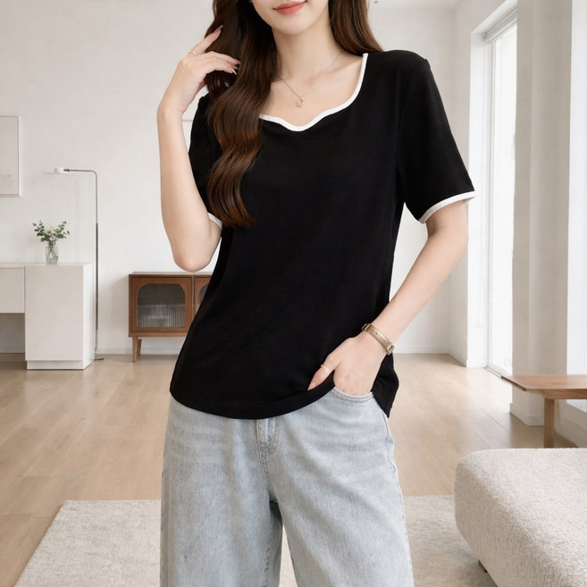 언헤브 여성용 웨이브넥 반팔 티셔츠