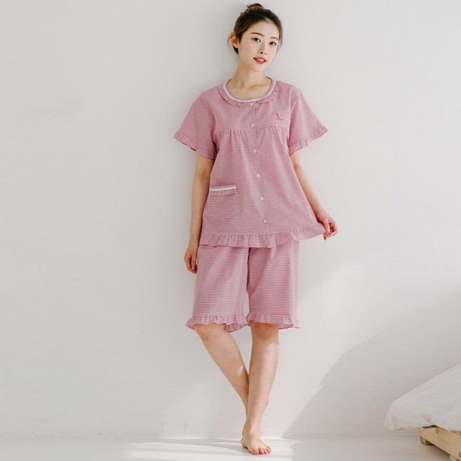 찌니야 룰루체크 40수 선염 통기성 학생 반팔 상하 잠옷 세트