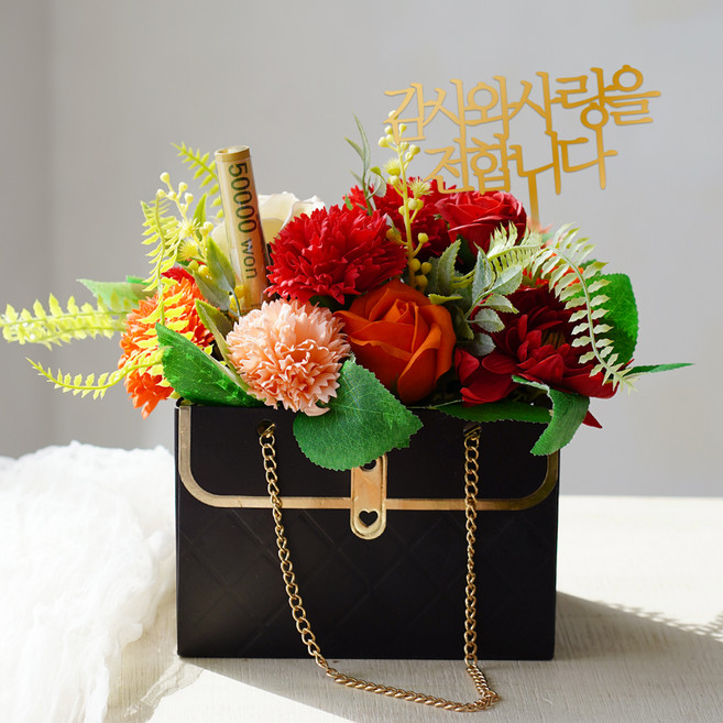 아스파시아 비누꽃 레이디언트 카네이션 선물 미니 가방 + 메세지픽 + 머니홀더 픽 + 쇼핑백 세트, 오렌지, 1세트