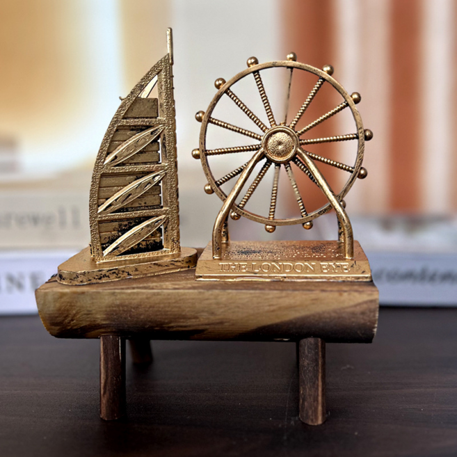 모노로지스 모던한 모래시계 엔틱 우드 장식품 스툴 + 요트 + 관람차 세트, 청동색