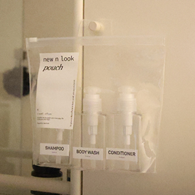 뉴앤룩 여행용 욕실 샴푸 디스펜서 휴대용 리필용기 100ml x 3p + 라벨 + 지퍼백 세트, 투명, 1세트