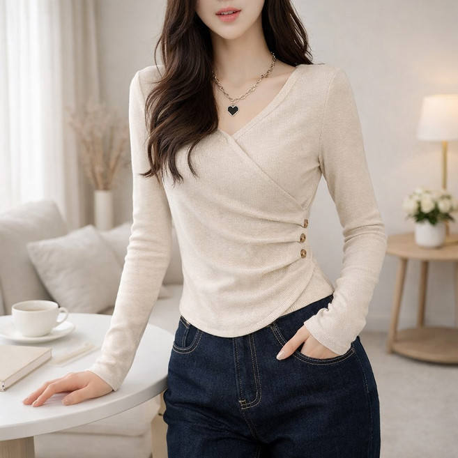 언헤브 여성용 슬림 랩 브이넥 버튼 티셔츠