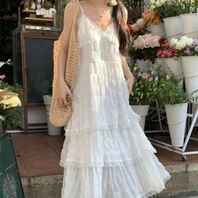 I'M MONG 女款Lucible蕾絲蛋糕裙V領無袖長版洋裝, 白色