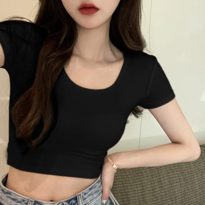 젤루나 여성용 라운드넥 무지 크롭 반팔 티셔츠 TH-27