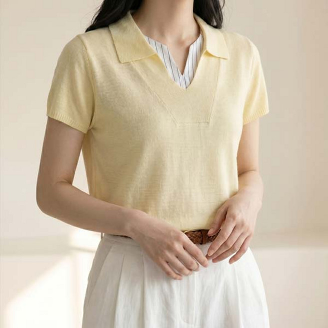 Vanessa Bean 女款包袖V領撞色雙層領針織衫 v01567ss