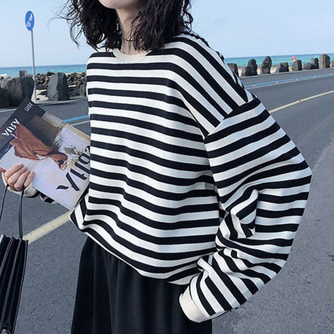 Elsso 棉質條紋寬鬆版型大學T長袖圓領T恤