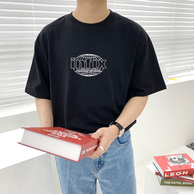 OTD 寬鬆16支棉Infix印花短袖T恤, 黑色
