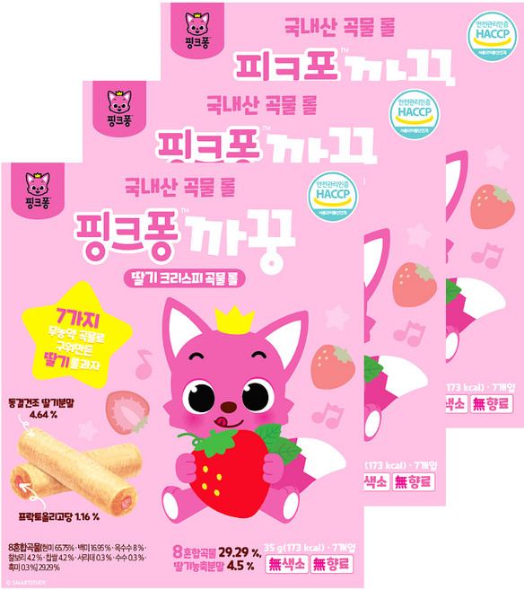 핑크퐁 까꿍 곡물 롤 과자 7p, 딸기 + 곡물 혼합맛, 35g, 3개