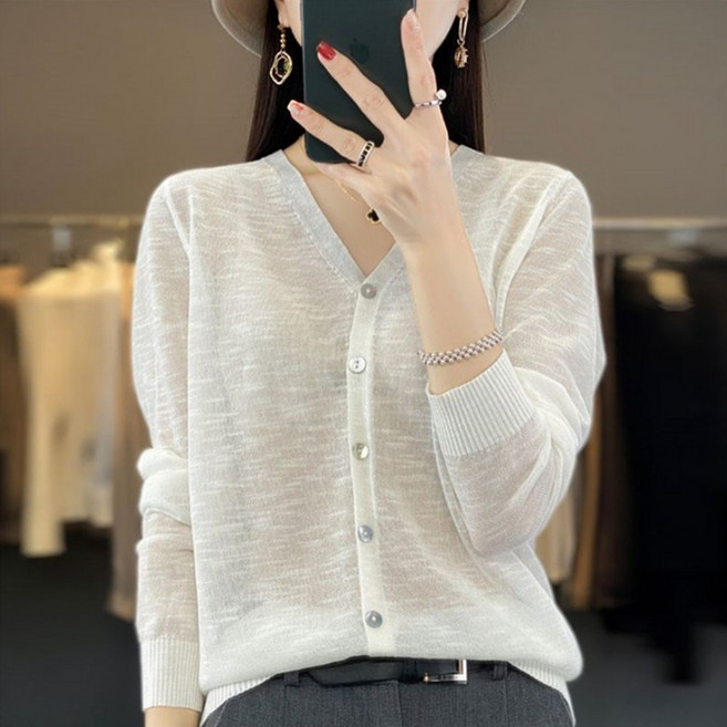 Rich Unni 女款簡約時尚穿搭輕薄透氣高級感夏季薄款V領長袖針織開襟衫