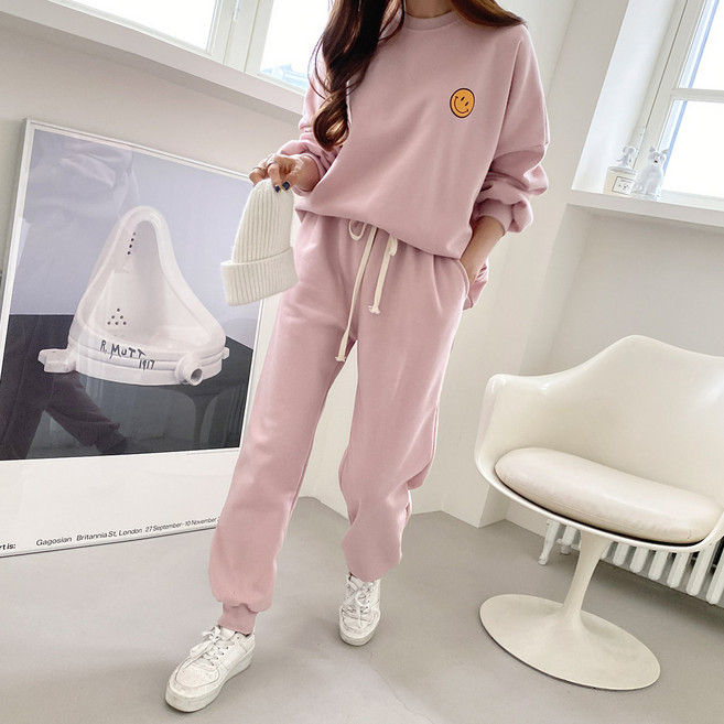 린다샵 퓨리딘 속기모 스마일 프린팅 박시핏 맨투맨 + 밴딩 조거 팬츠 세트 cpset2402k2b