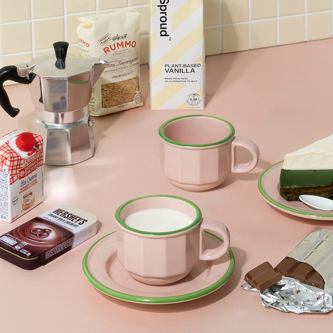 라운드앤플랫 라이크 레트로 커피잔 세트, 핑크그린, 1세트