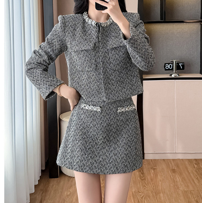 ViVEMO 經典人字紋水鑽兩件式西裝套裝 12043